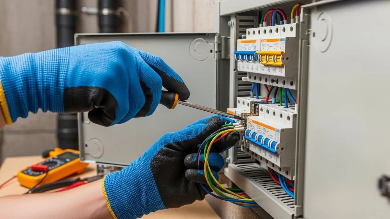Electrician installs wires in control panel.