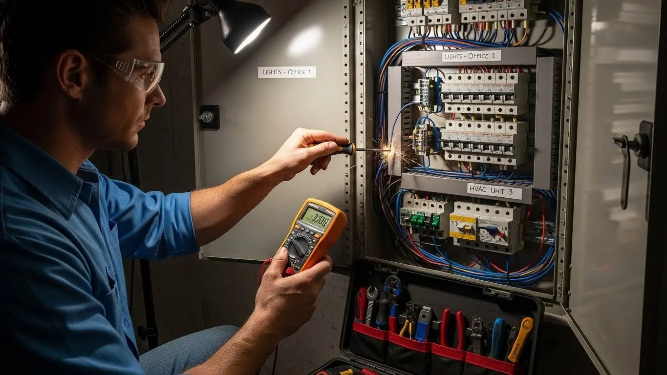 Electrician checks electrical cabinet with multimeter.
