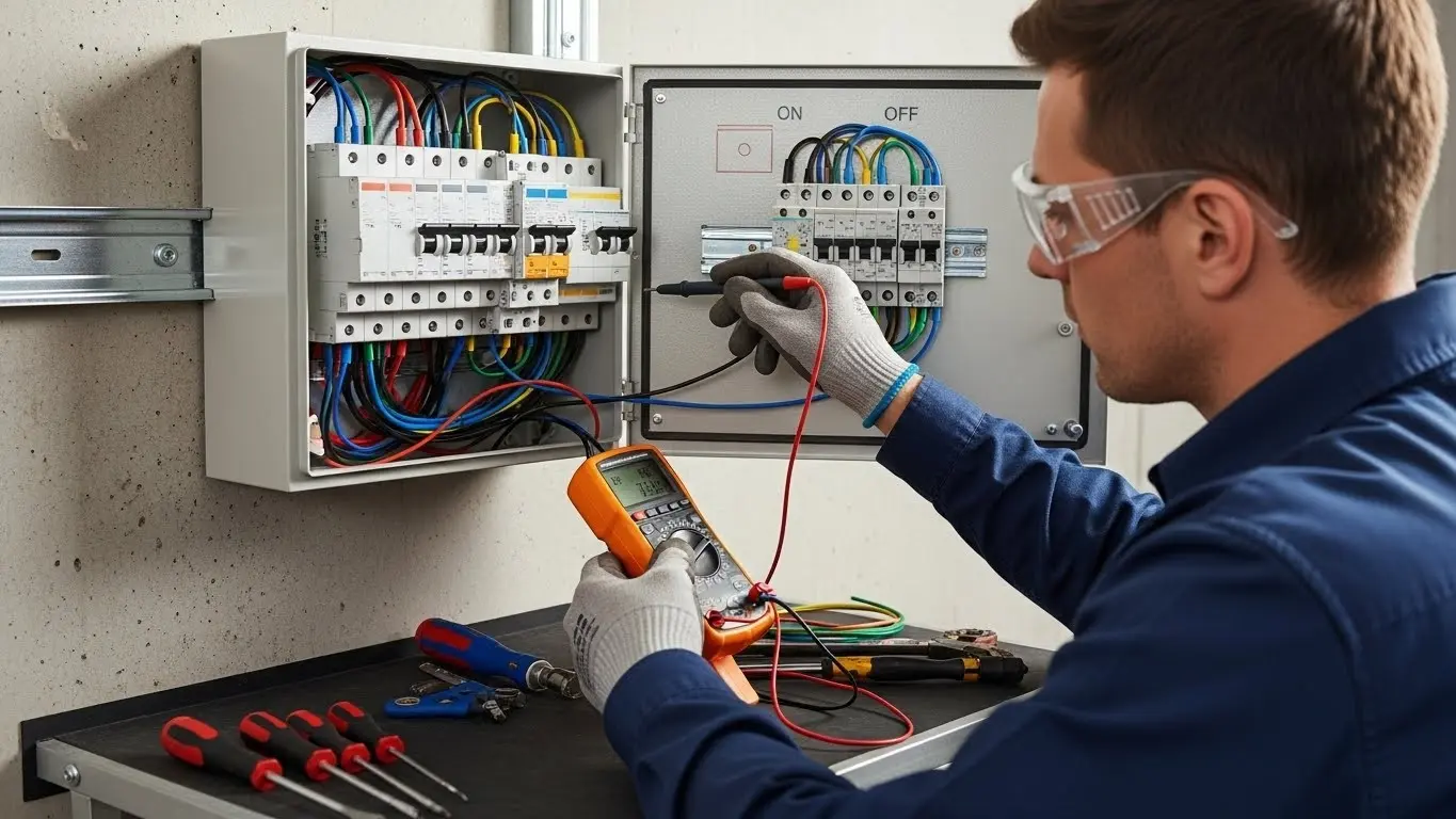 Electrician troubleshooting industrial control cabinet.