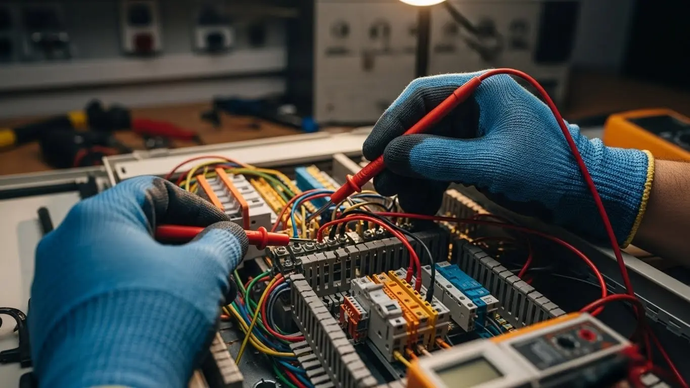 Electrician installing circuit breakers in panel.