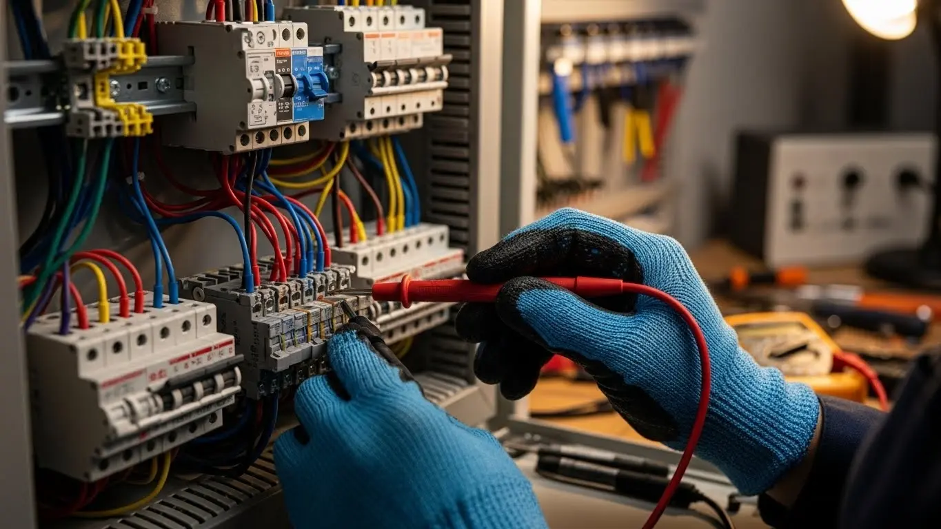 Electrician tightening wires on circuit breakers.