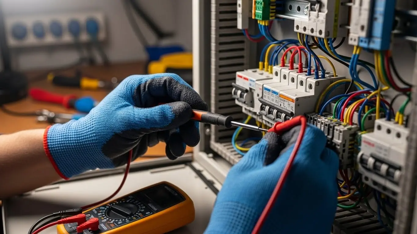 Electrician troubleshooting industrial control cabinet.