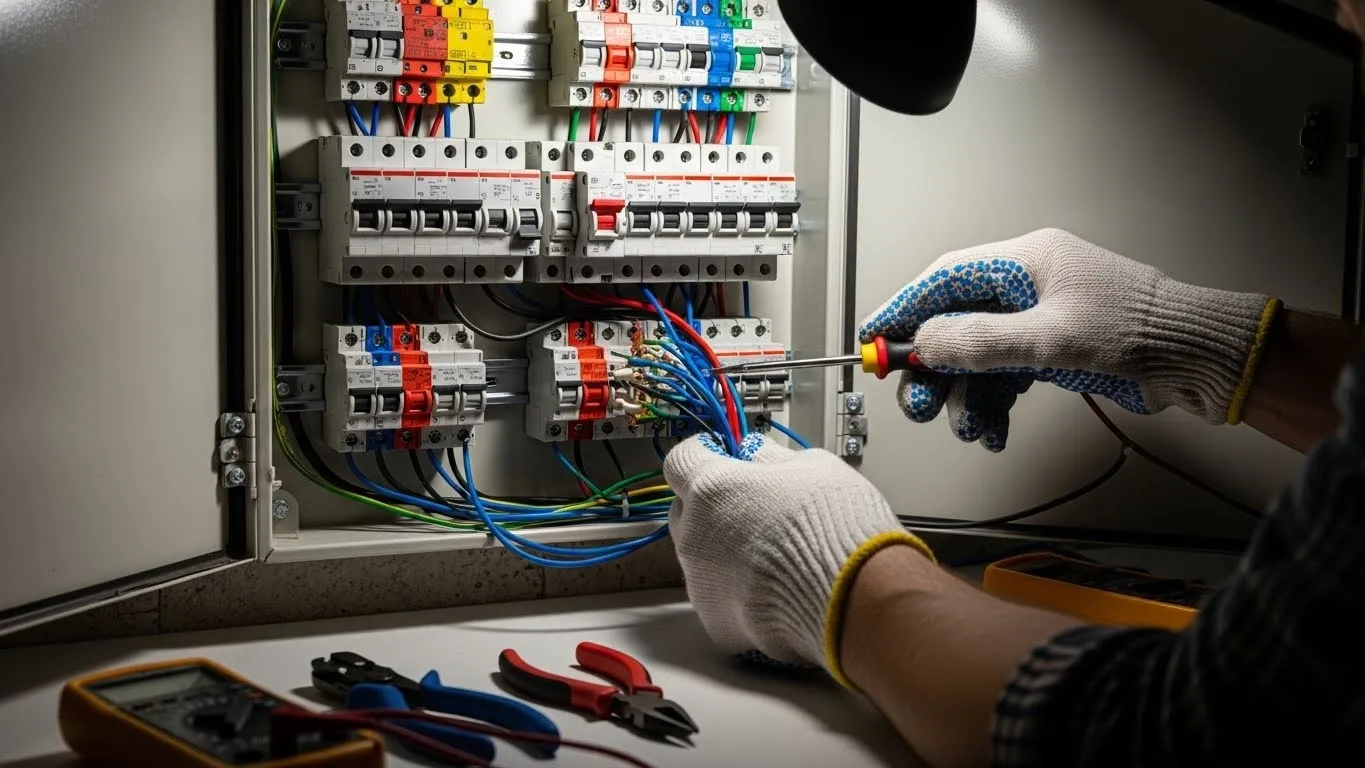 Electrician wiring circuit breakers in panel.