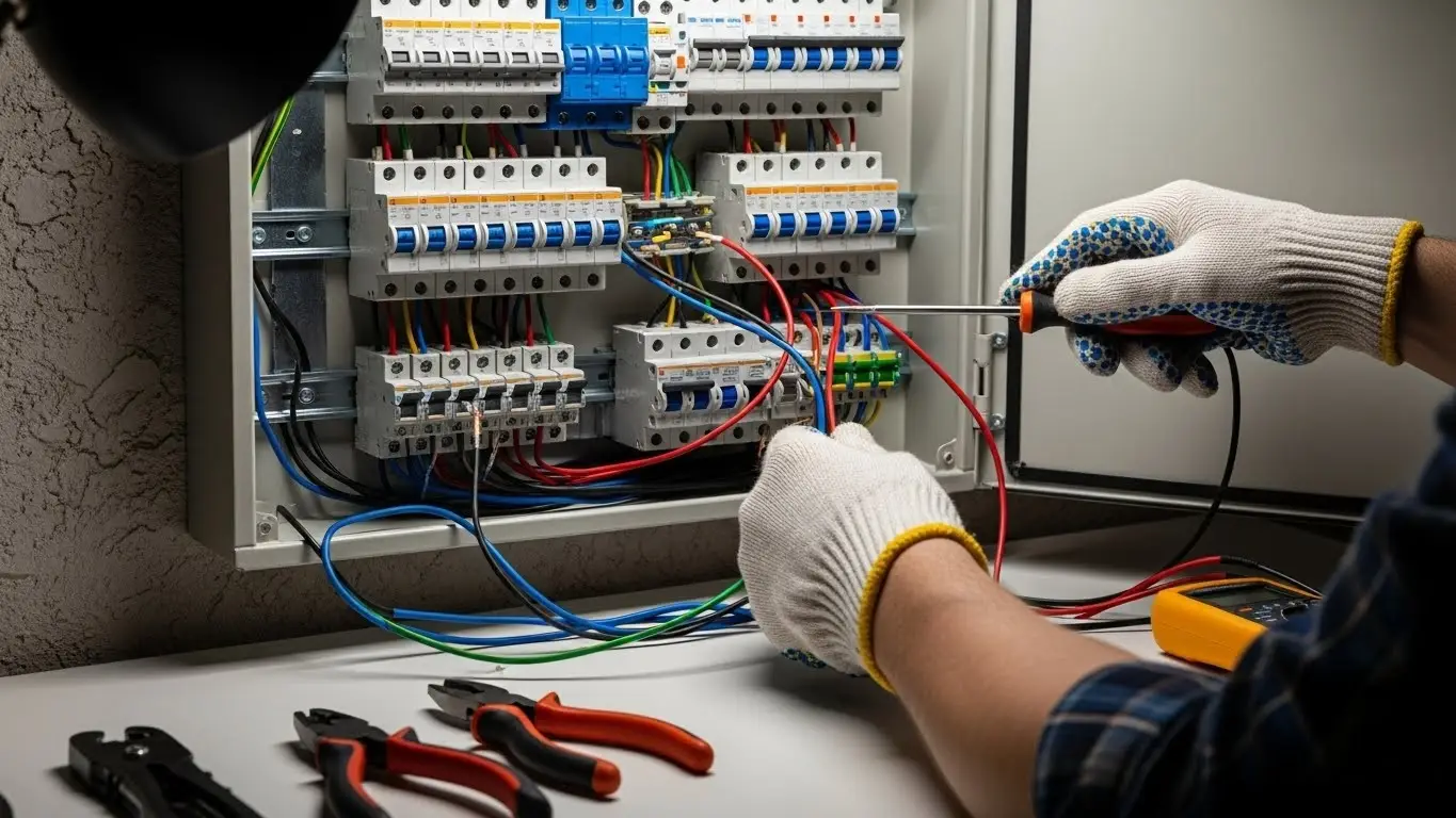 Electrician wiring new control panel circuits.