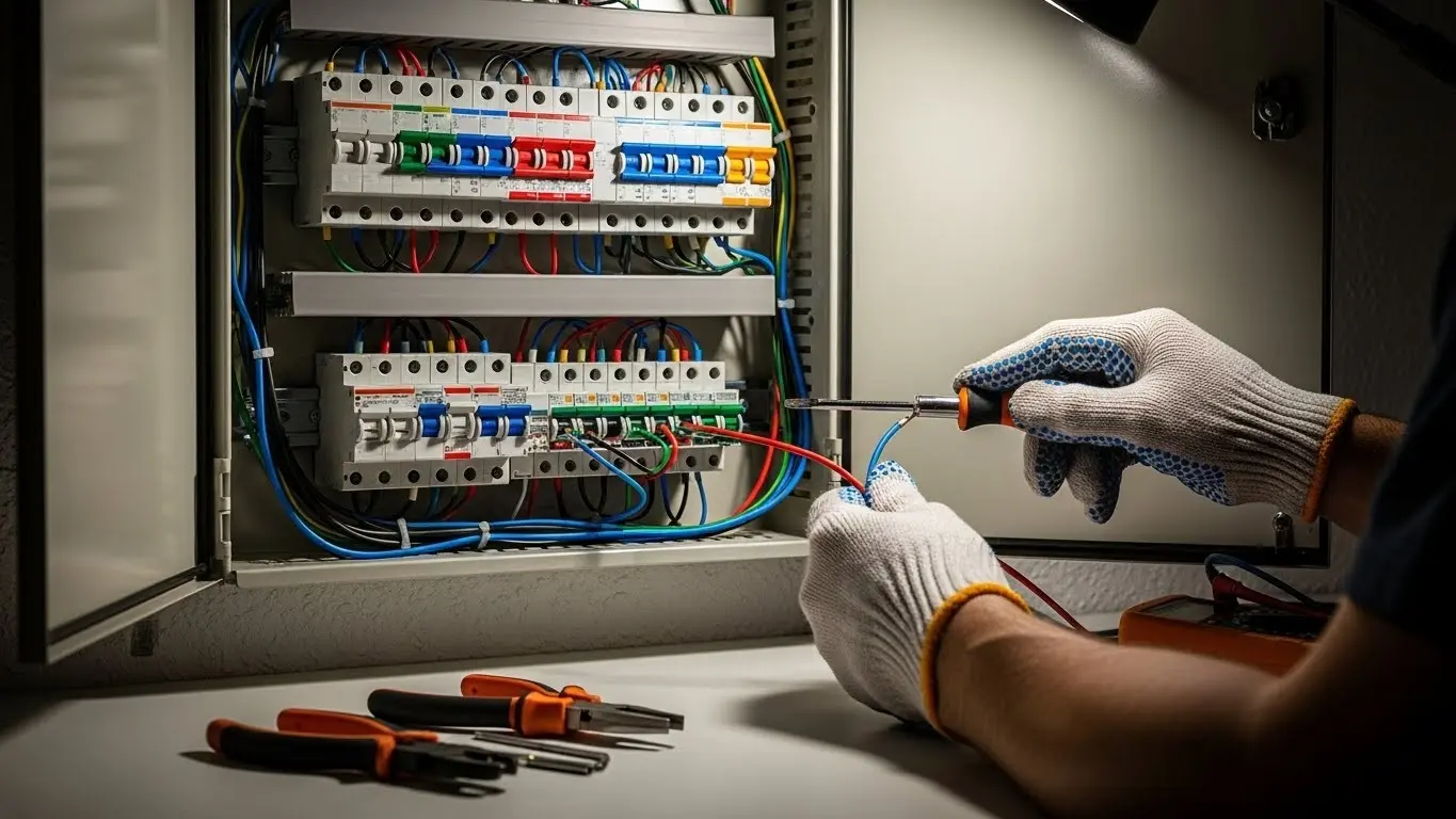 Electrician wiring distribution board circuits.