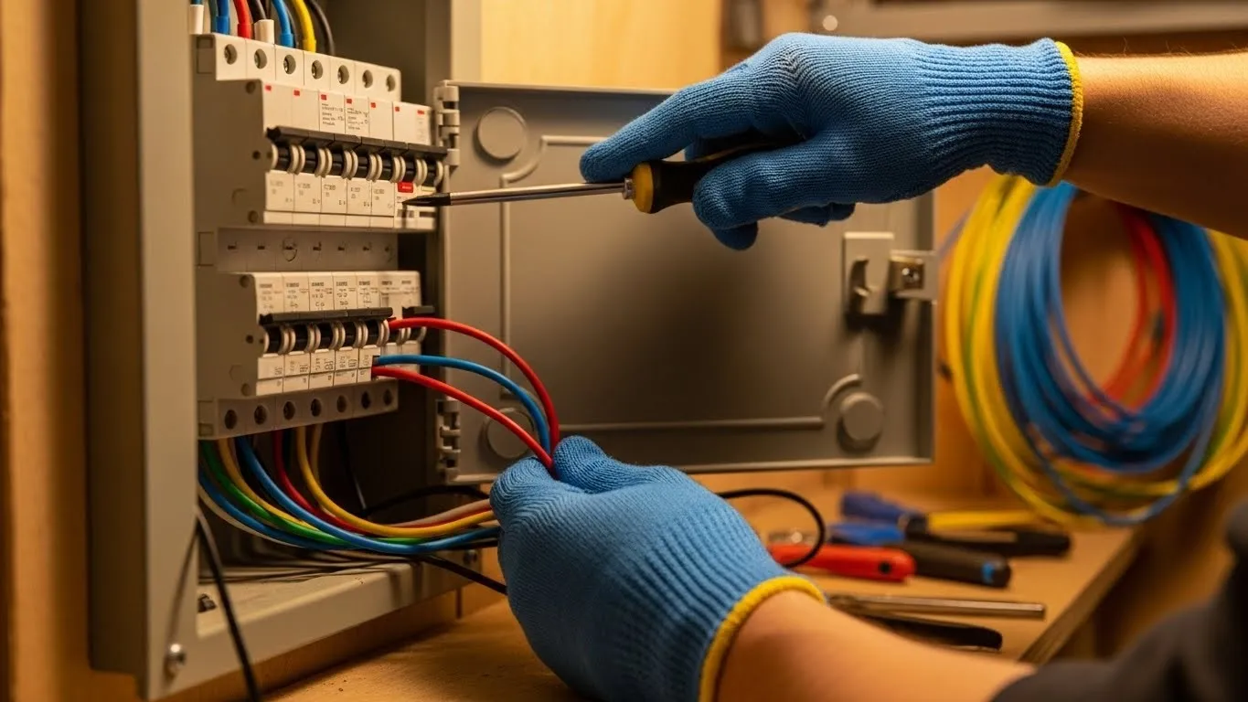 Electrician installs wires in breaker panel.