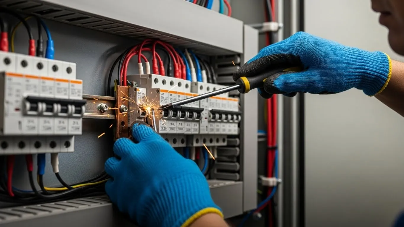 Electrician wiring circuit breaker panel.