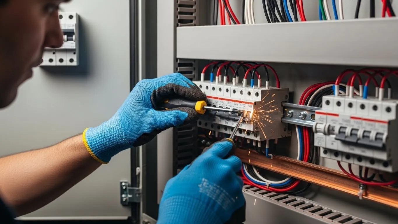 Electrician working on electrical circuit breakers.