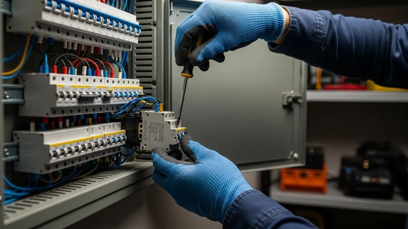Electrician wiring circuit in panel.