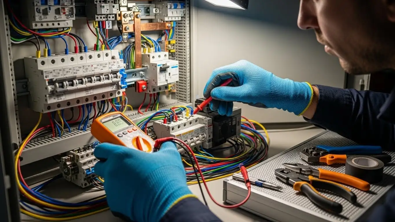 Electrician connecting or testing a circuit.