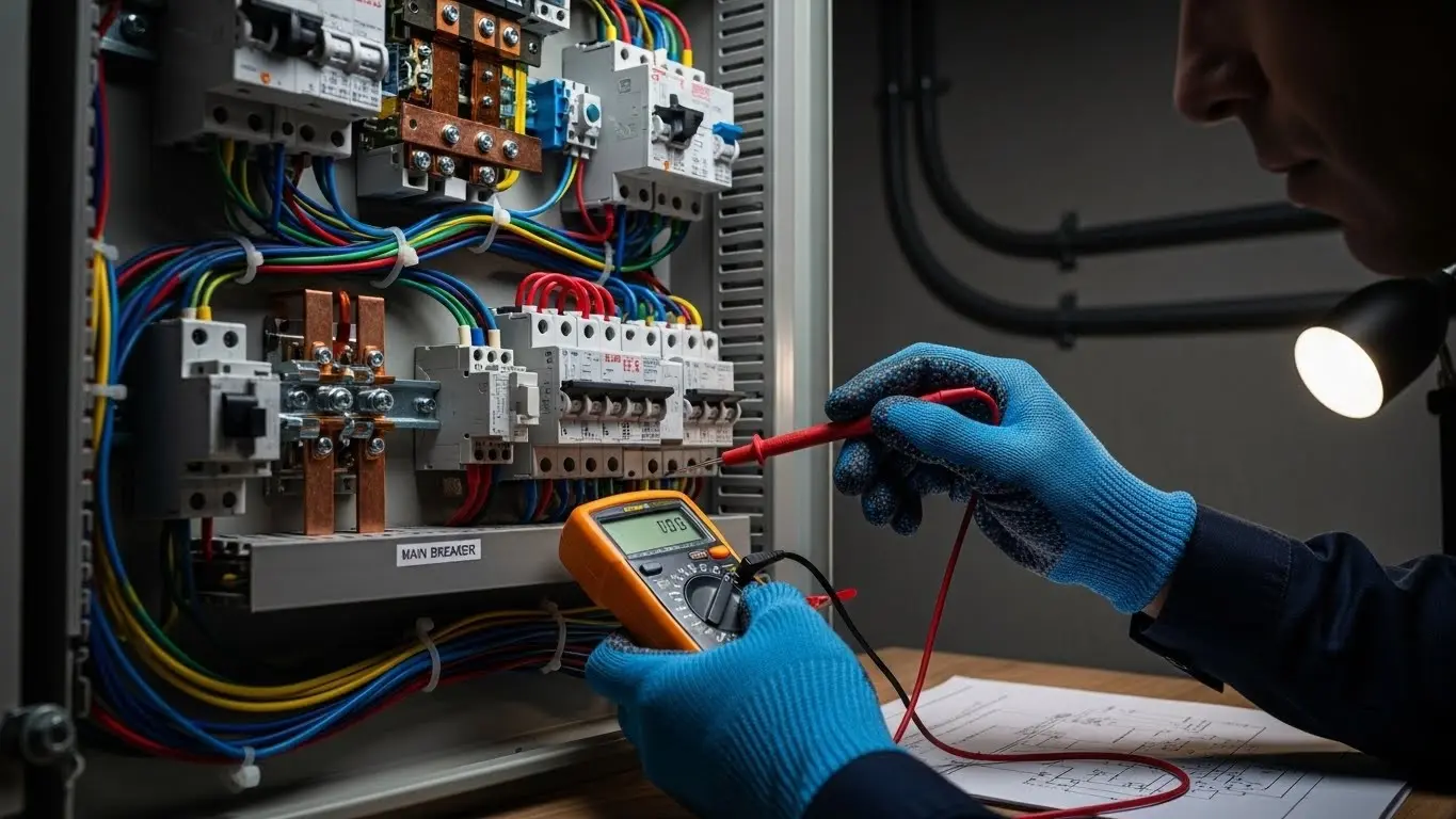 Electrician installing circuit components in panel.