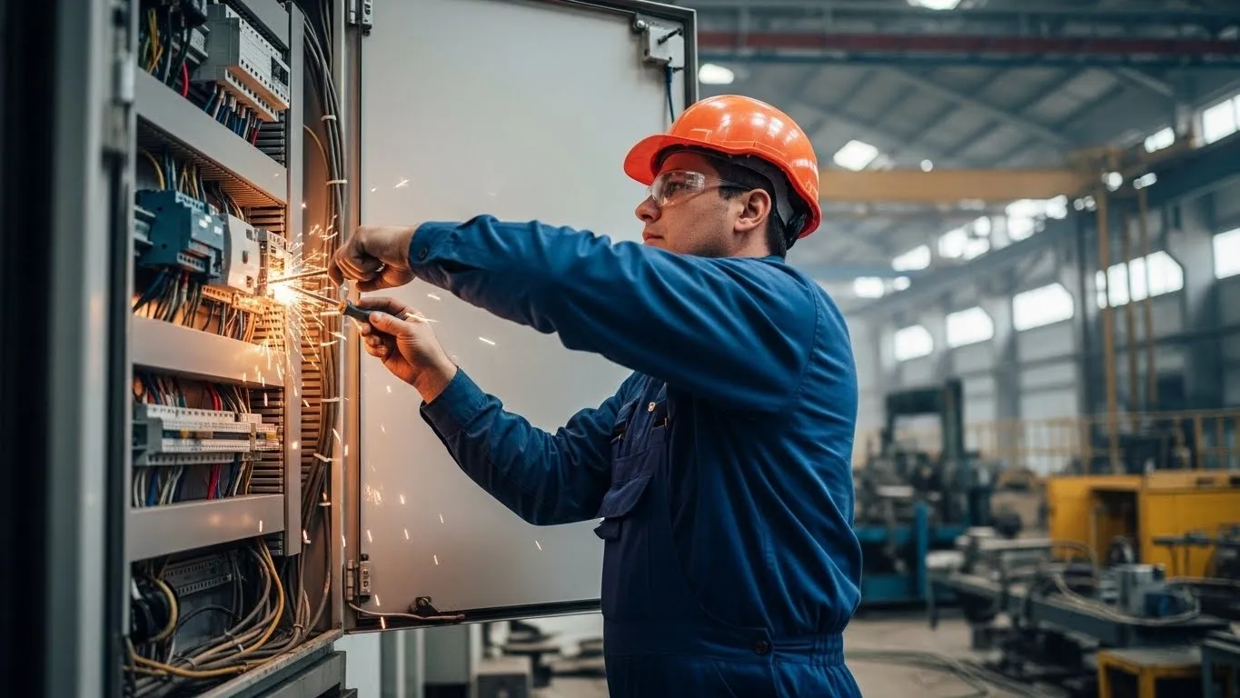 Electrician in hard hat fixing electrical panel.