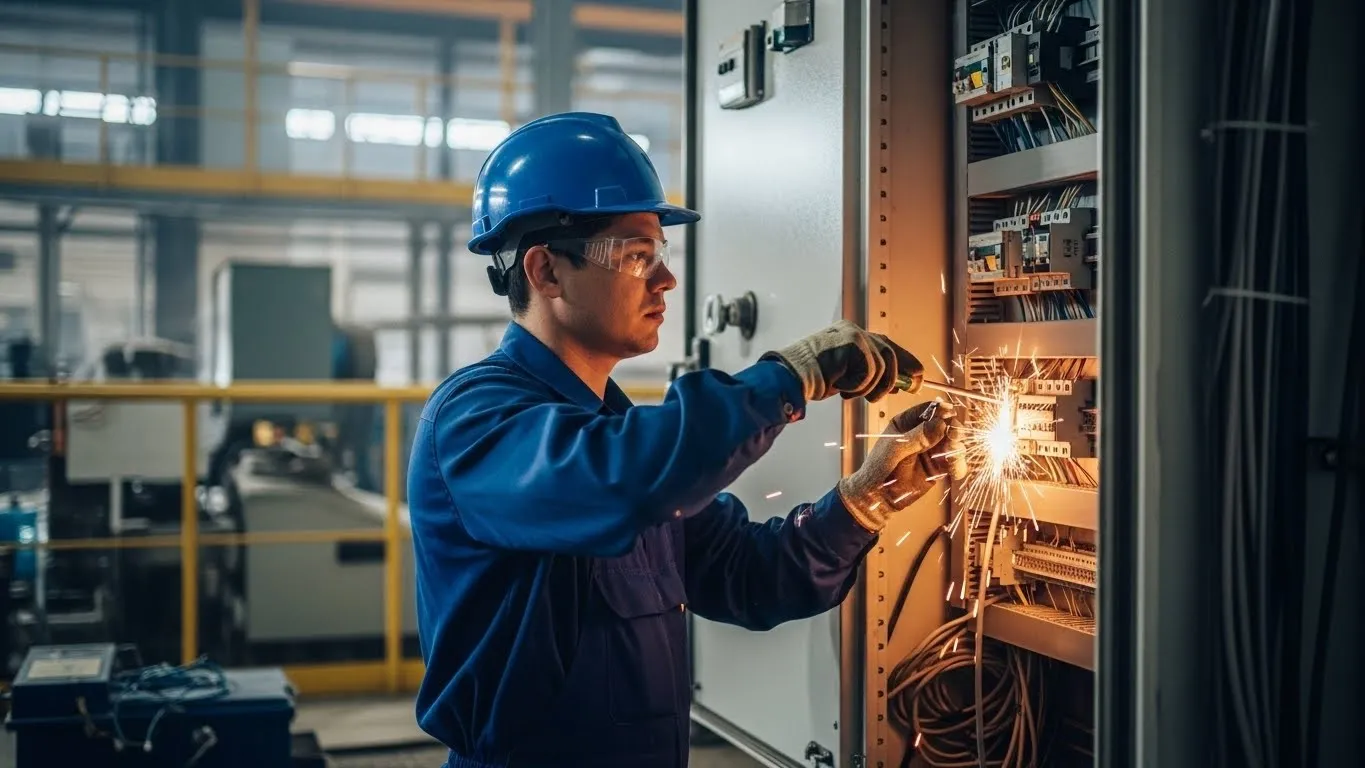 Electrician fixing industrial panel, sparks flying.