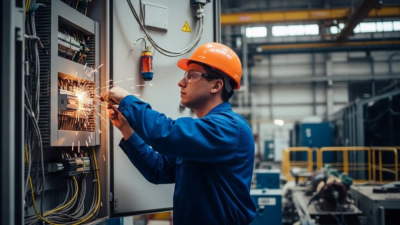 Electrician in hard hat repairing sparking panel.