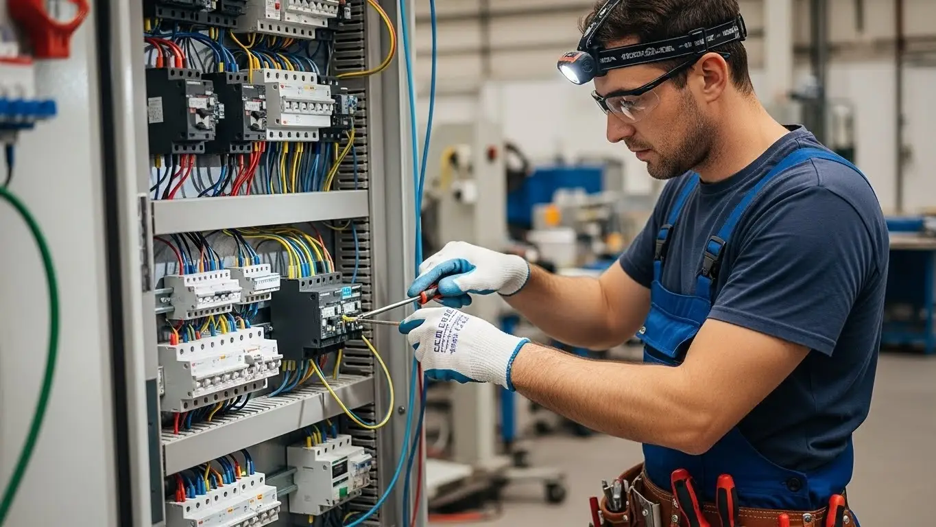 Industrial electrician working on electrical panel.