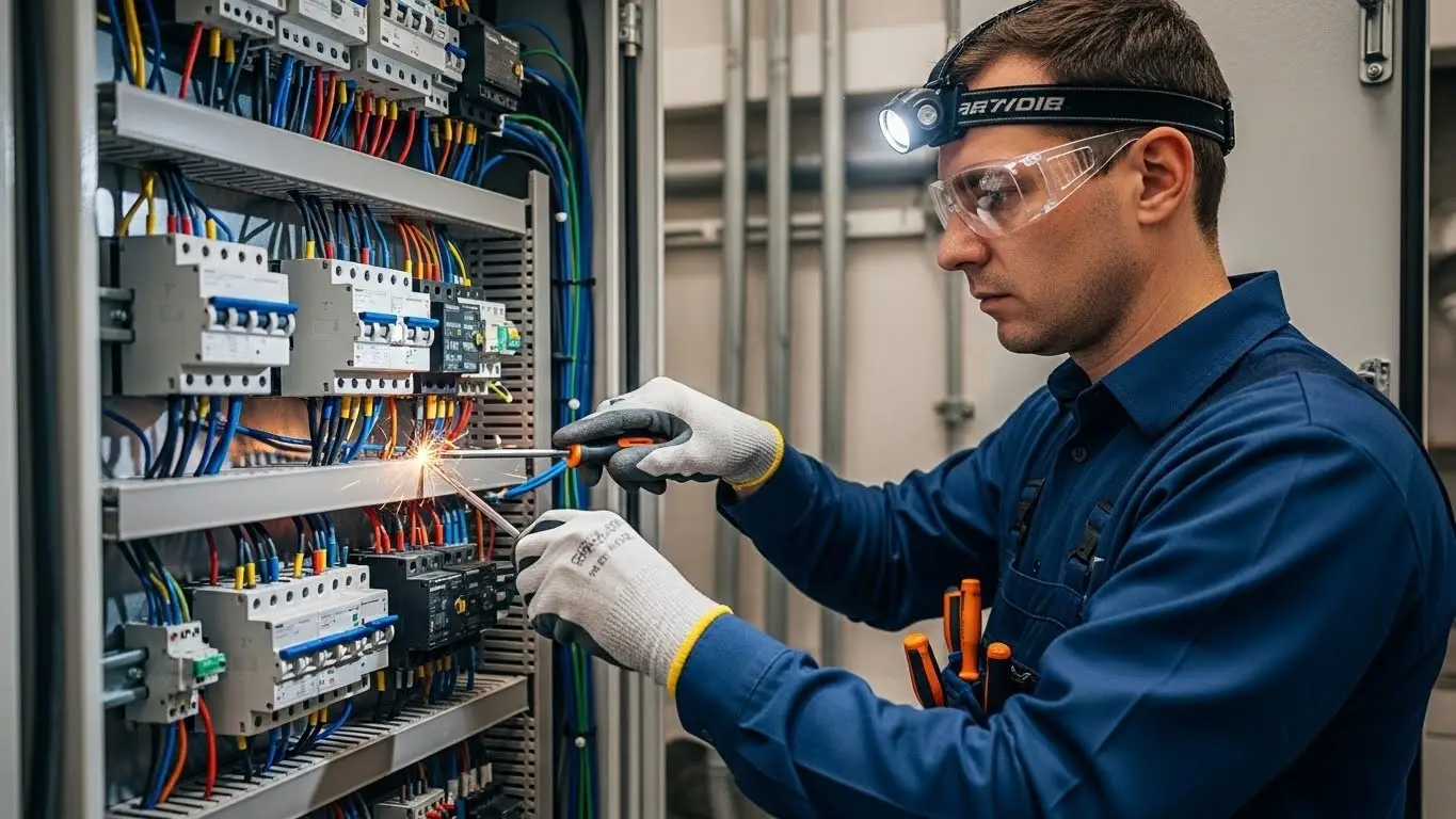 Electrician working on sparking fuse box.