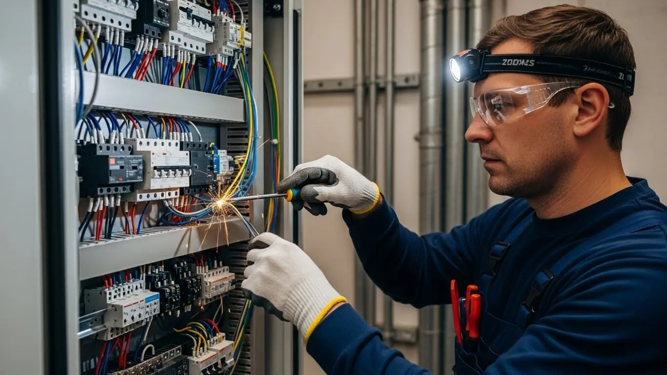 Electrician repairing panel, sparks flying brightly.