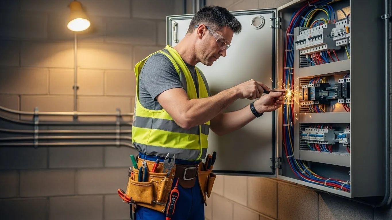 Industrial electrician troubleshooting live electrical panel.