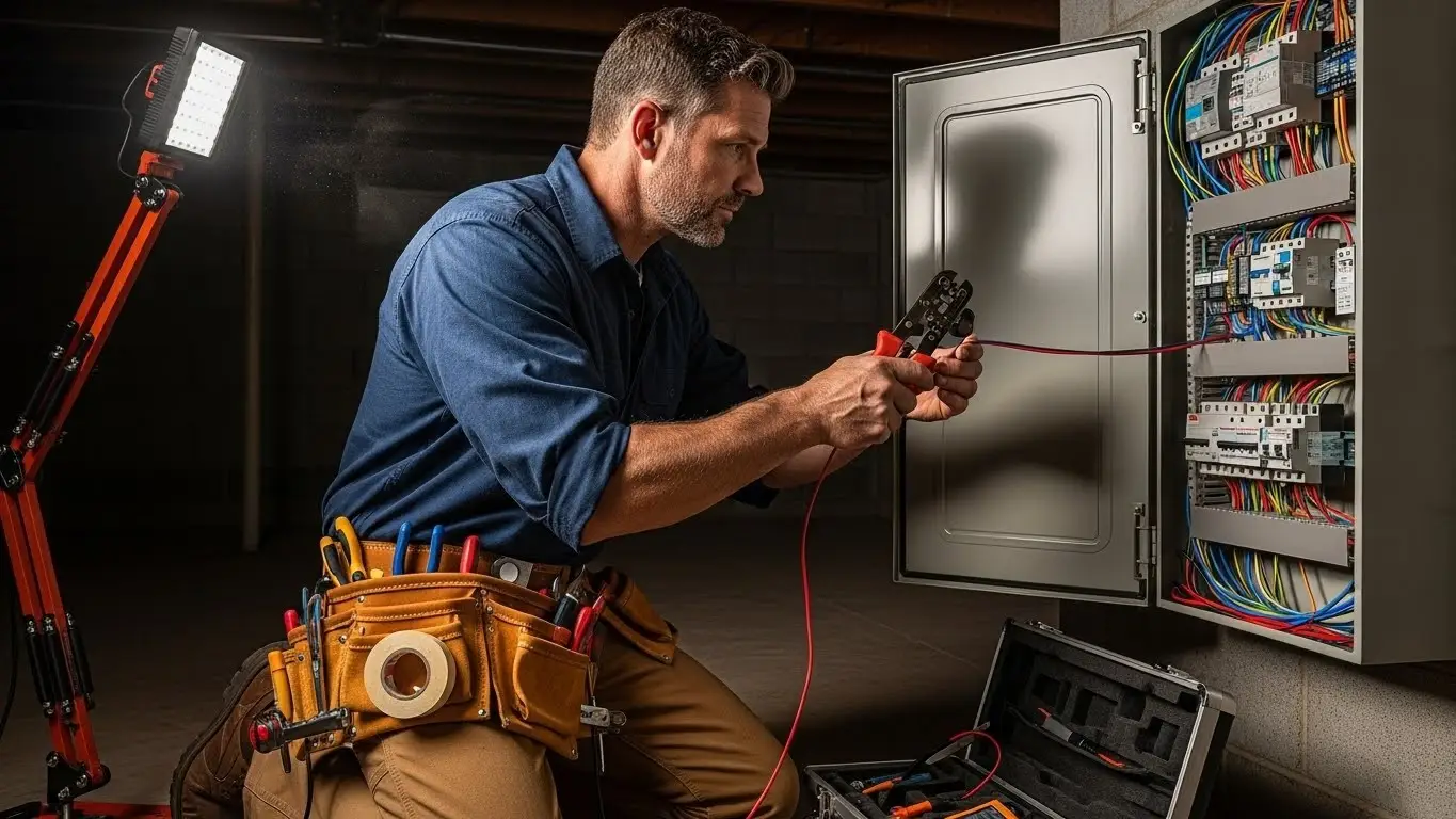 Electrician using screwdriver on live panel.