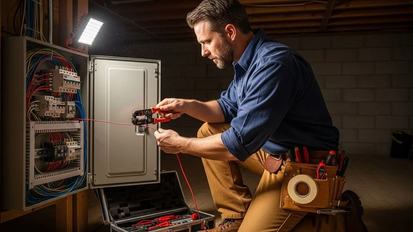 Electrician using wire crimper on circuit.