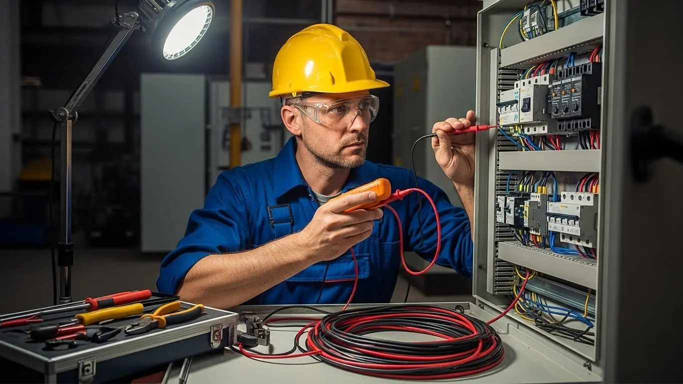 Electrician fixing industrial panel with sparks.