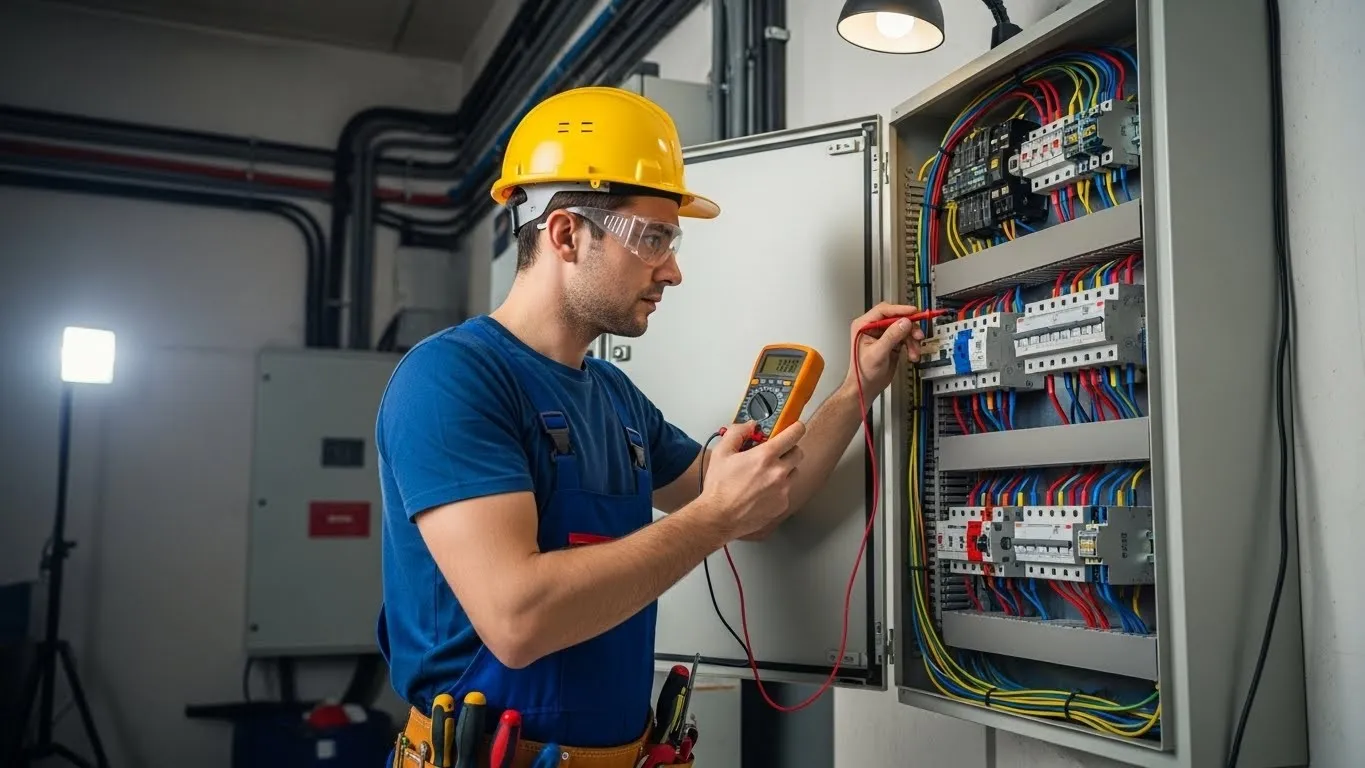 Electrician checking industrial electrical control panel.