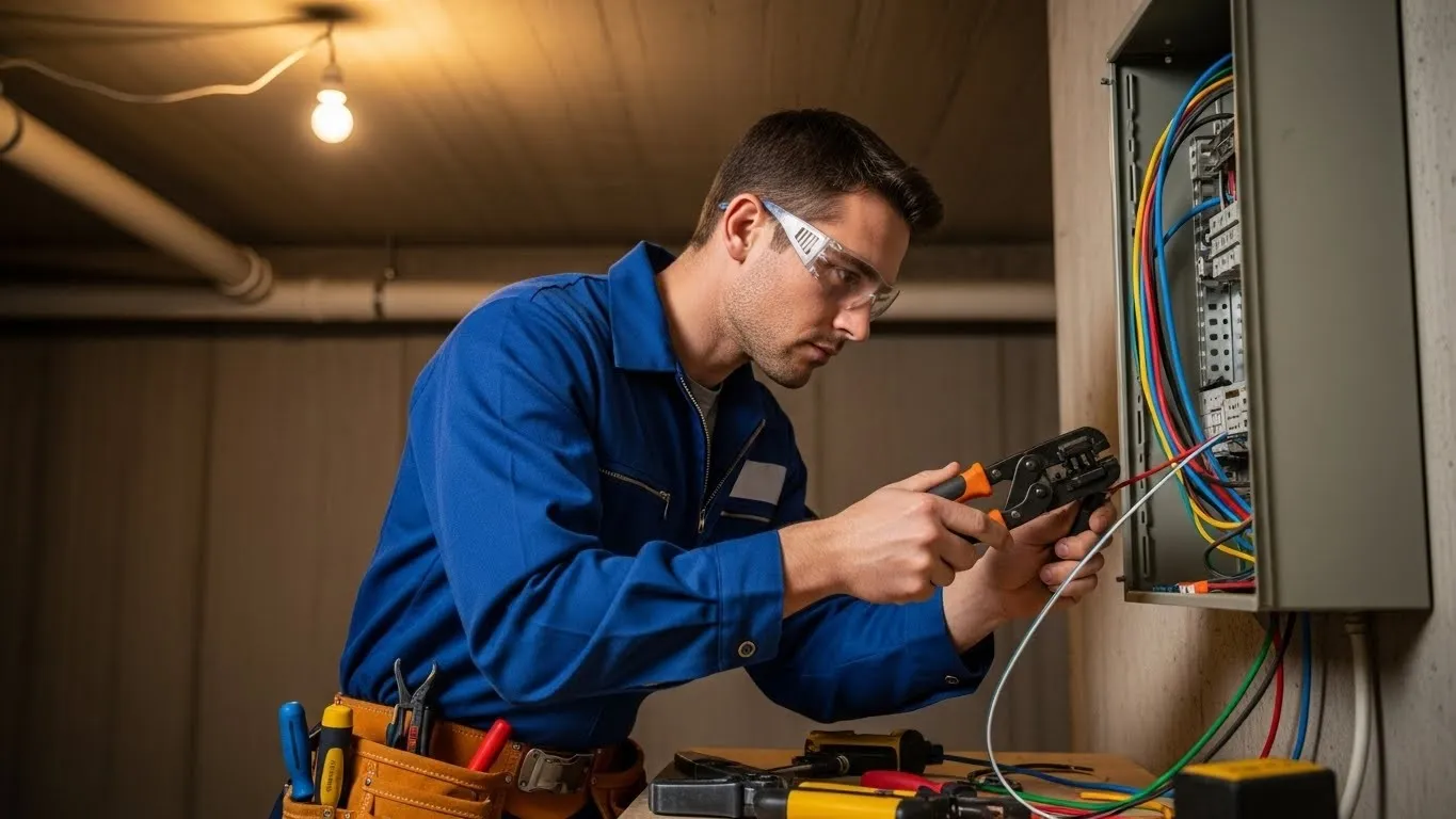 Electrician tightening wire connection in panel.