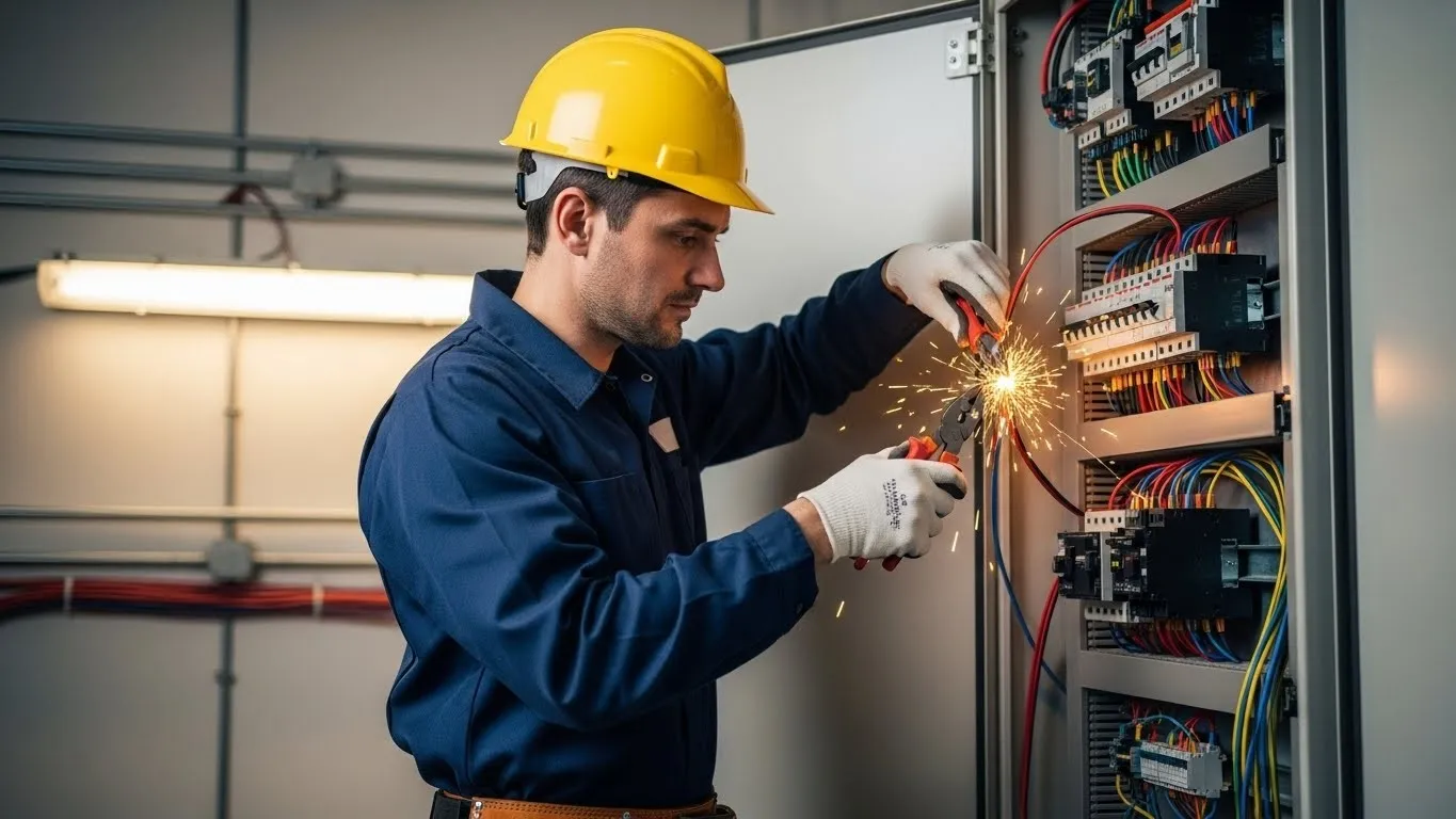 Electrician working on sparking power panel.