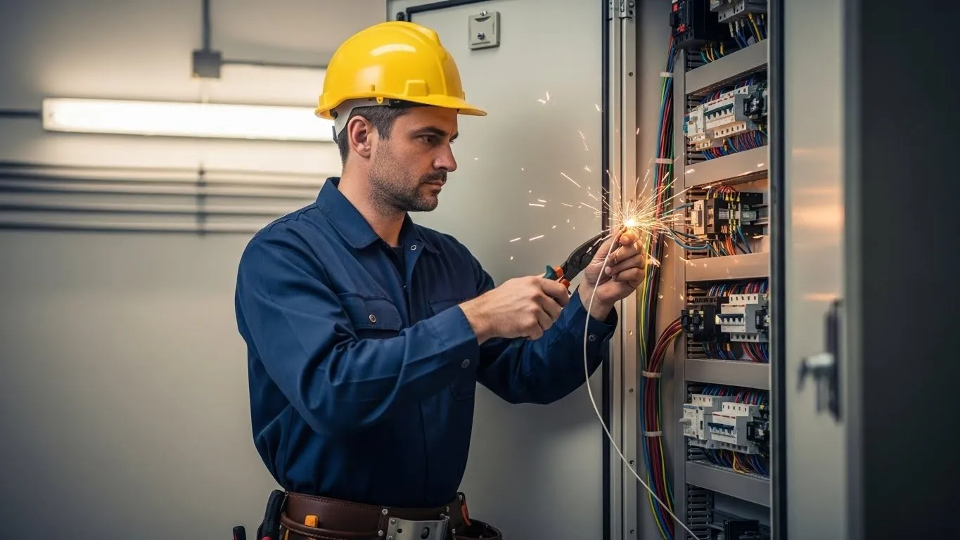 Electrician installing wires in an electrical panel.