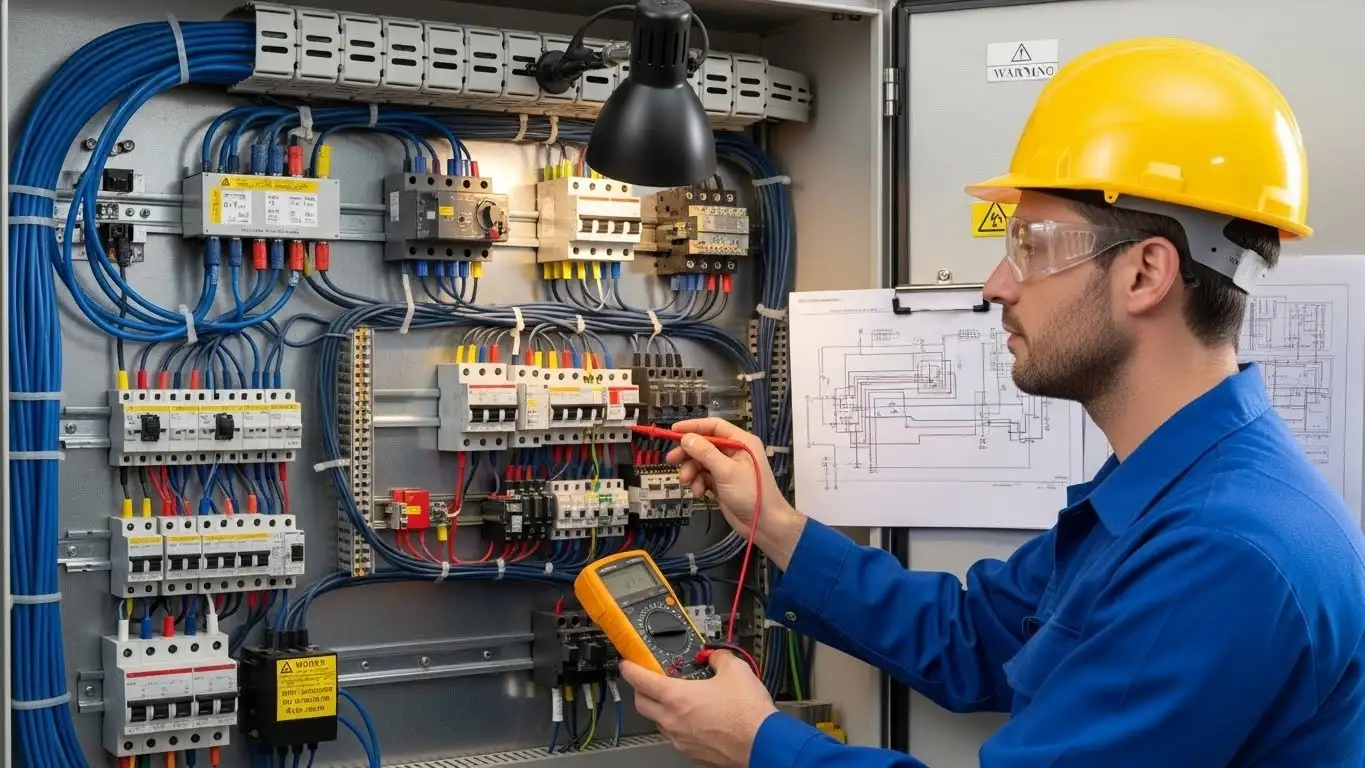 Electrician crimping wires in control panel.