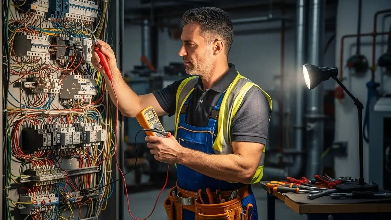 Electrician testing wires in industrial panel.