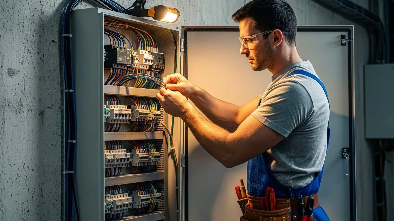 Electrician wiring control panel in progress.