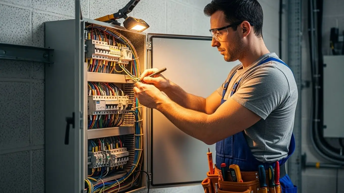 Electrician in blue fixing control panel.