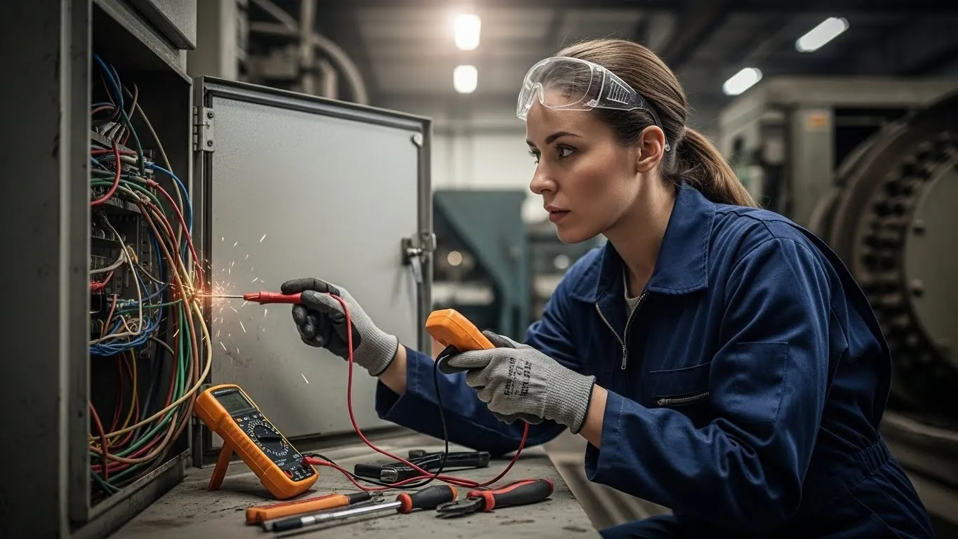 Electrician working on electrical panel wiring.
