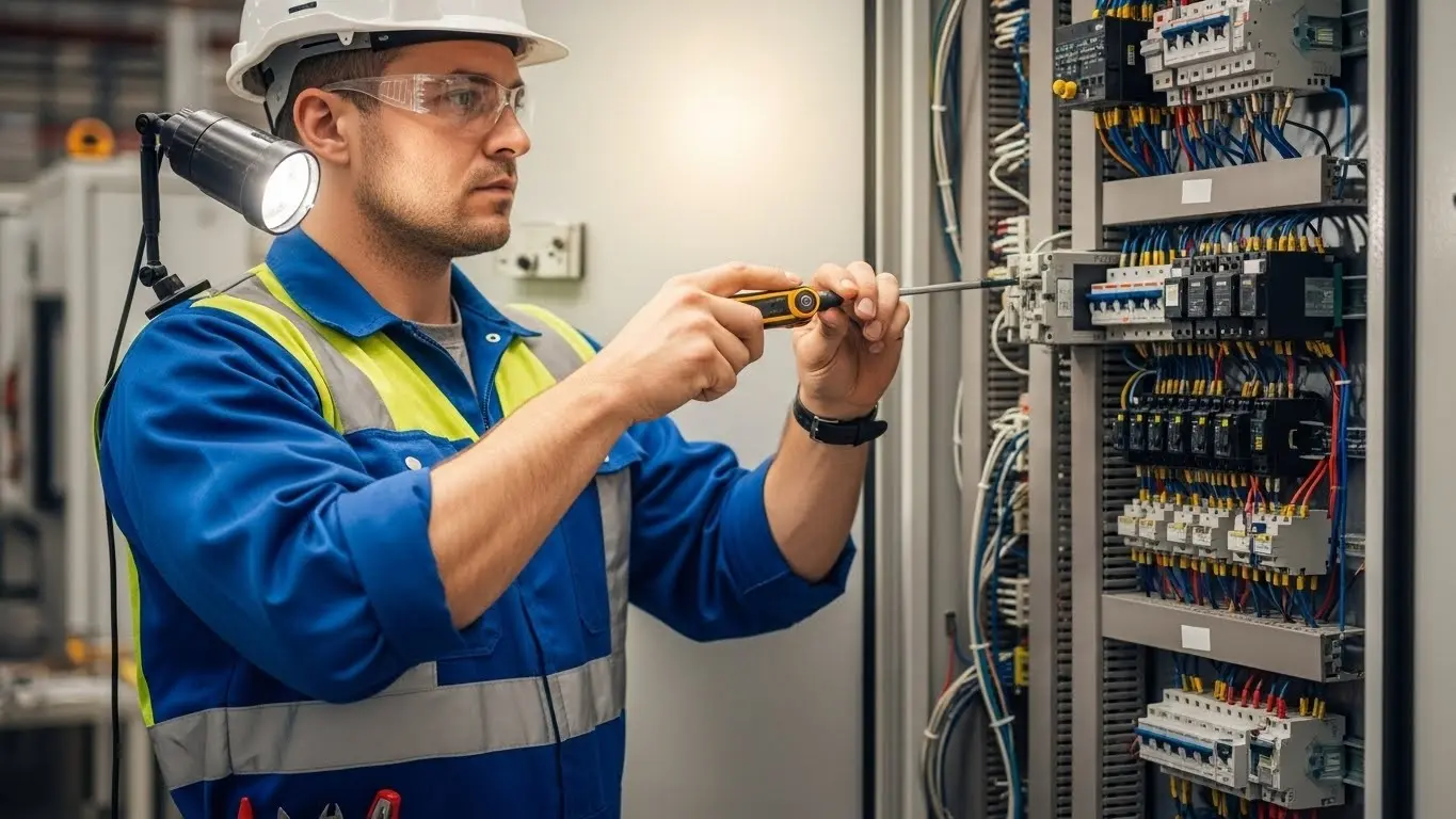 Electrician fixing live panel, sparks visible.