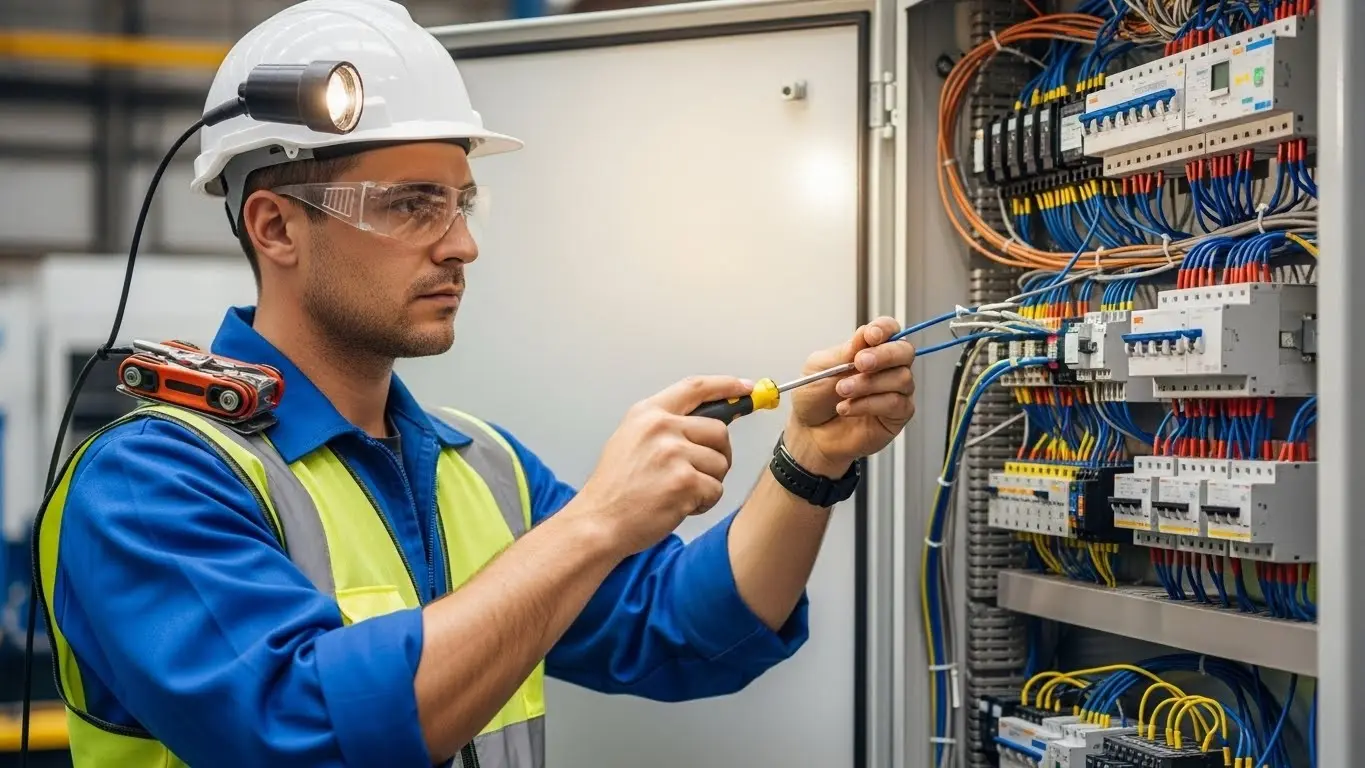 Electrician testing circuit in industrial panel.