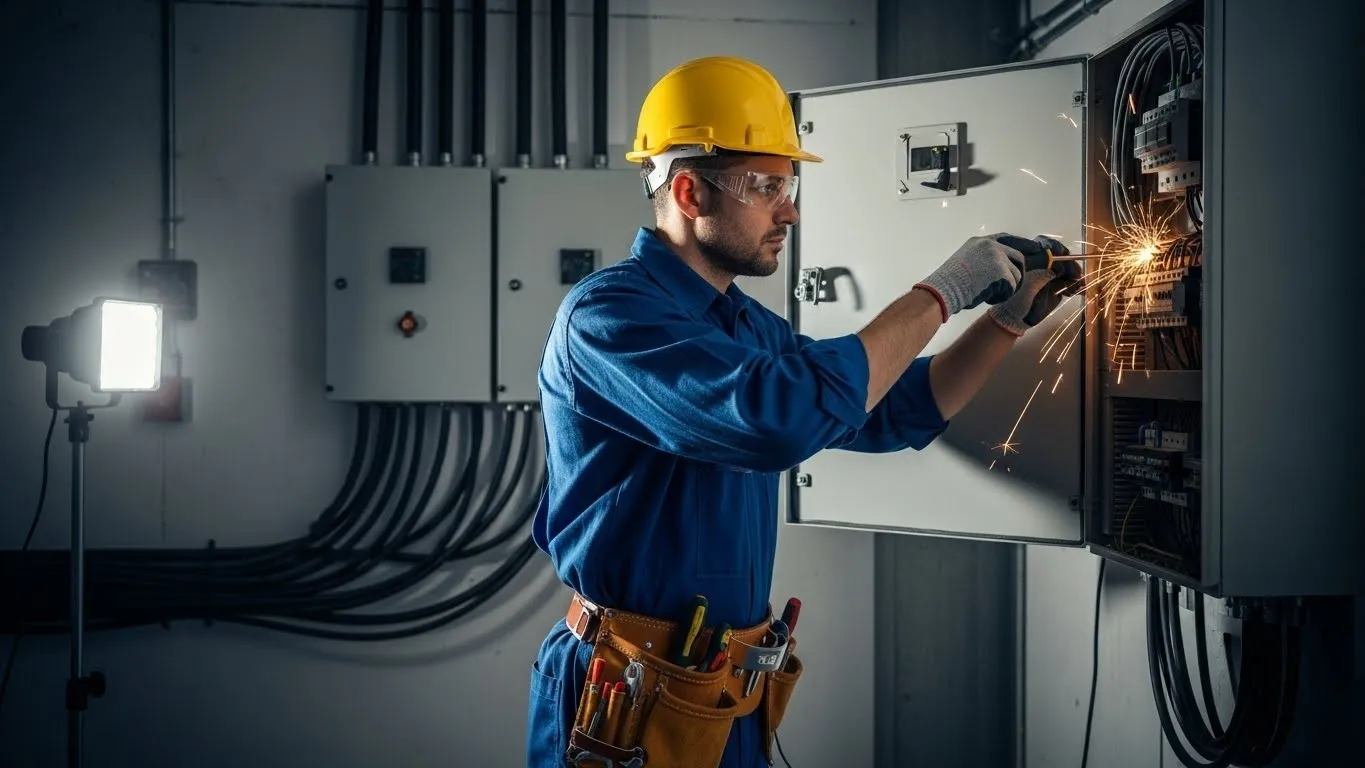 Electrician testing circuits in control panel.