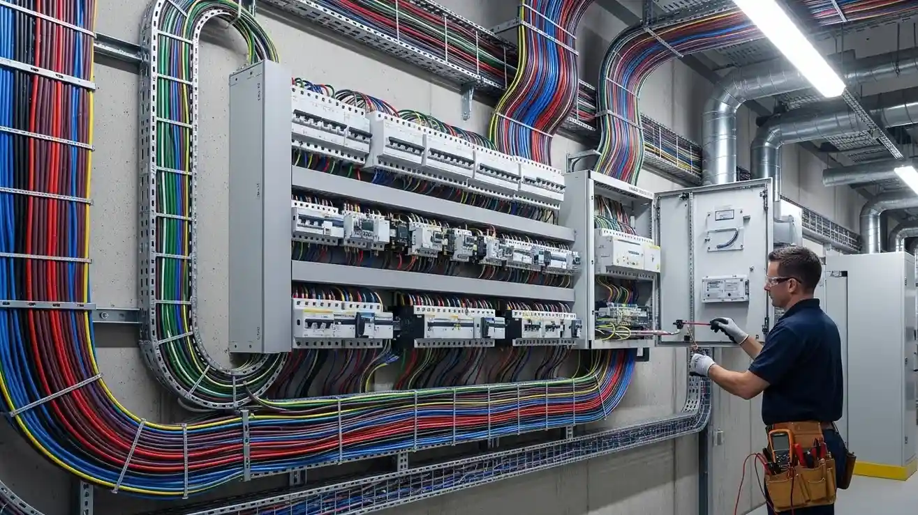 Electrician checking control panel wiring.