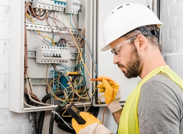 Electrician working on industrial control panel.