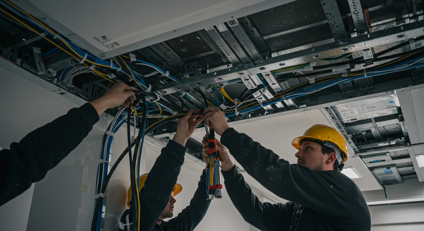 Electricians installing wiring in a commercial ceiling.