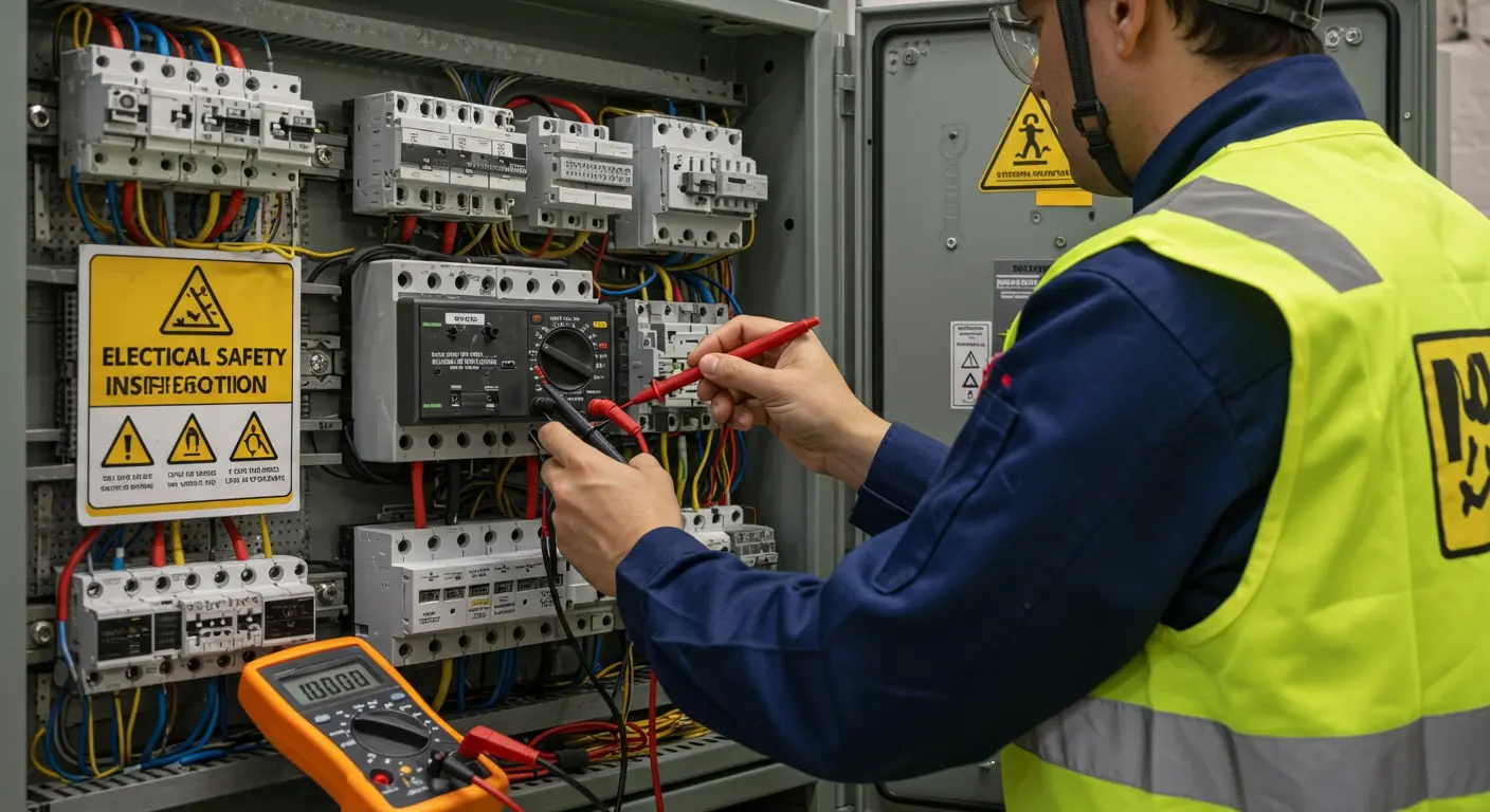Technician testing a commercial electrical panel.