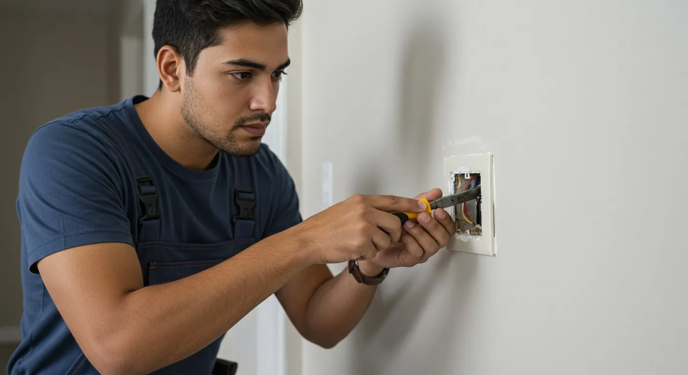 Electrician repairing a wall power outlet.