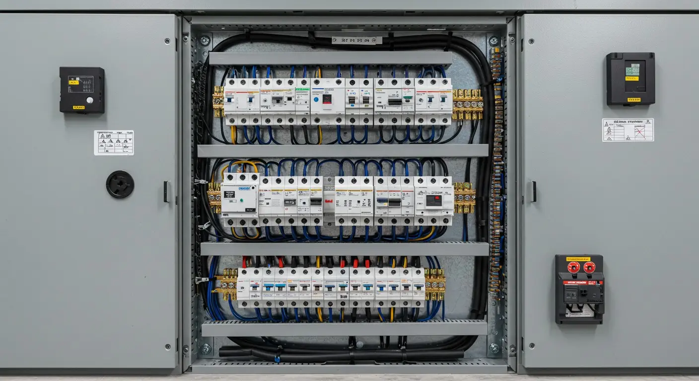 Female electrician testing an electrical panel.