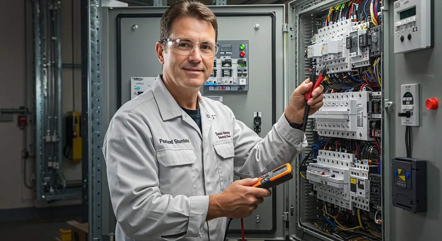 Electrician connecting wires in a house panel.
