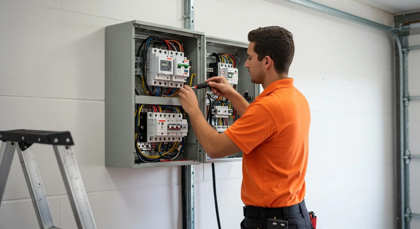 Electrician working on a house electrical panel.
