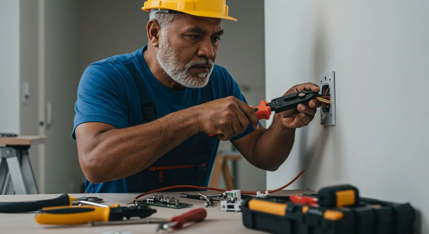Licensed electrician installing residential circuit breakers.