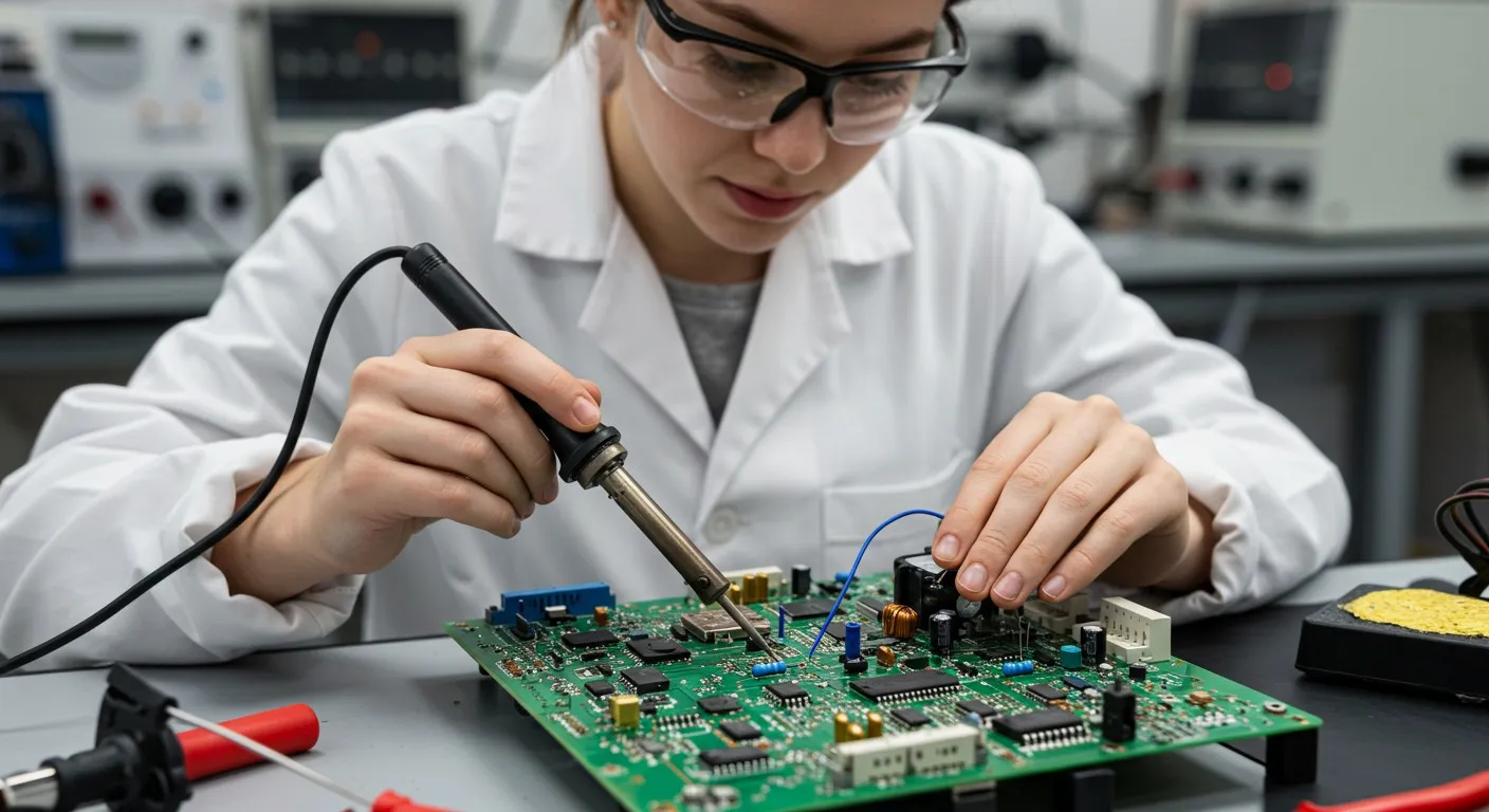 Technician soldering a complex circuit board.