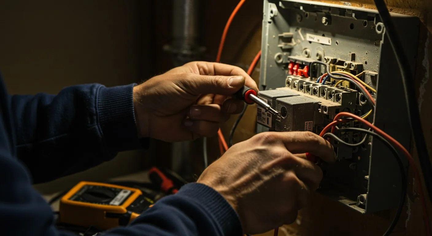 Electrician testing an industrial electrical panel.