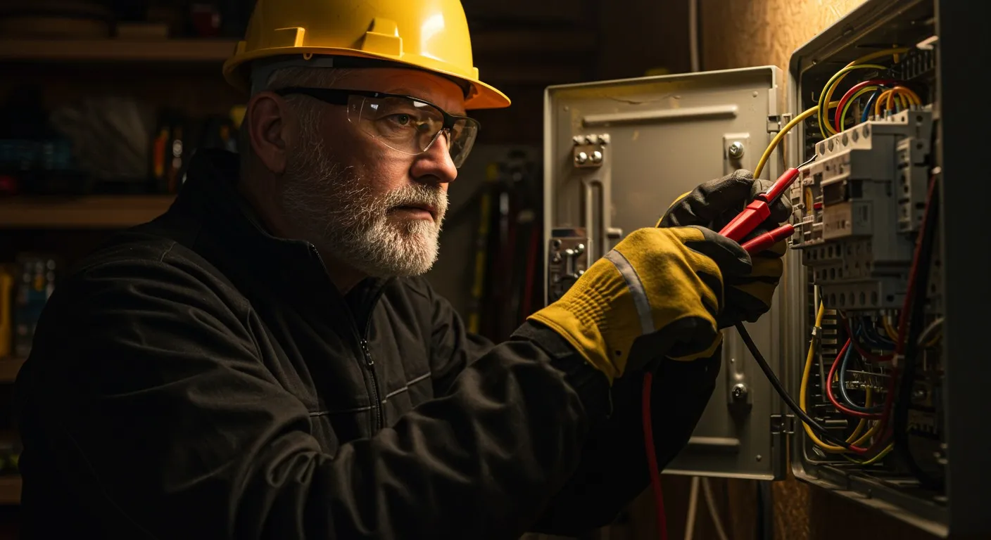 Man repairing electrical outlet with tools.