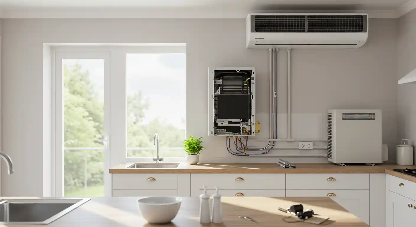 Modern kitchen with open HVAC panel above counter showing wiring and pipes, under wall-mounted ventilation unit.